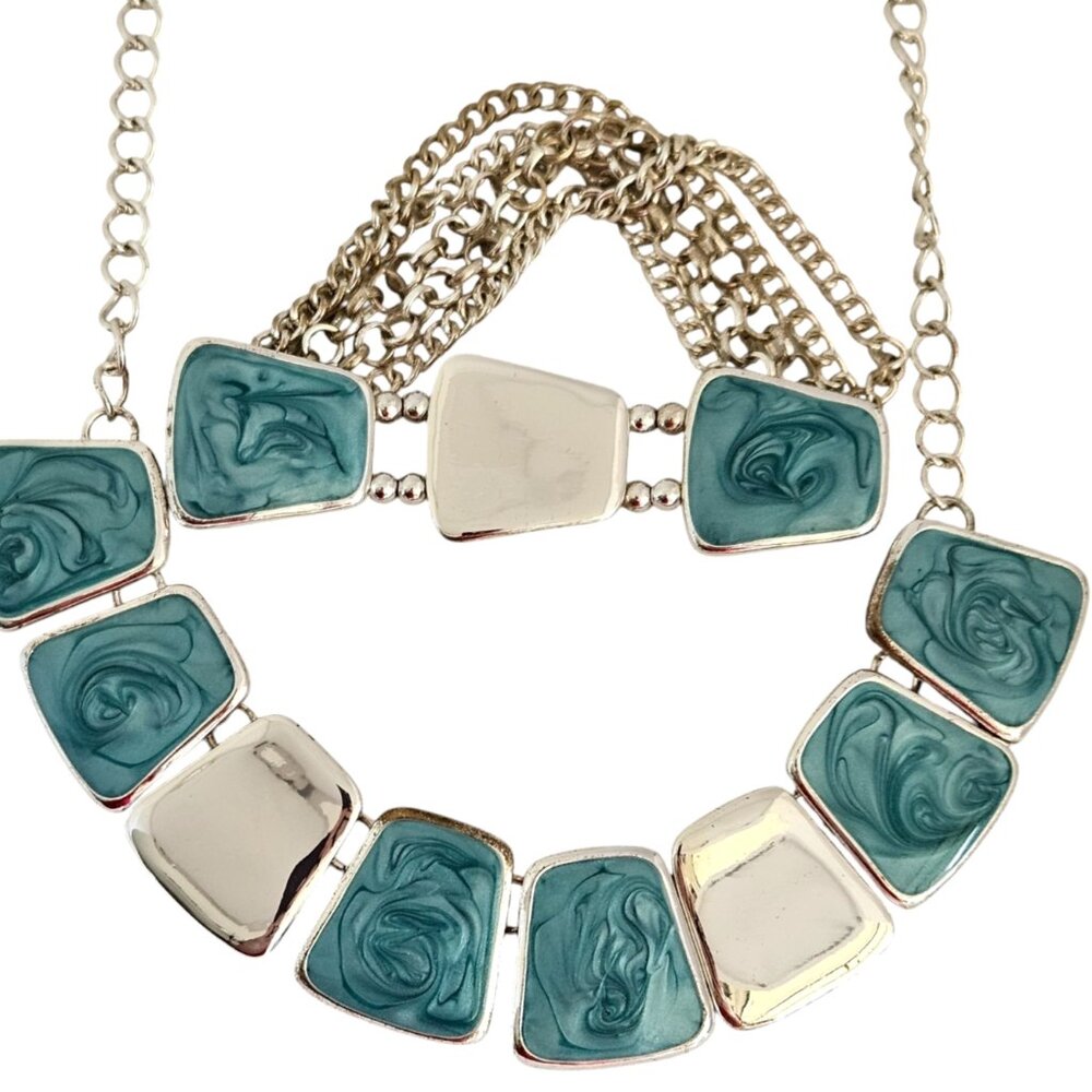Teal Blue Enamel Silver Tone Geometric Statement Necklace Matching Bracelet
